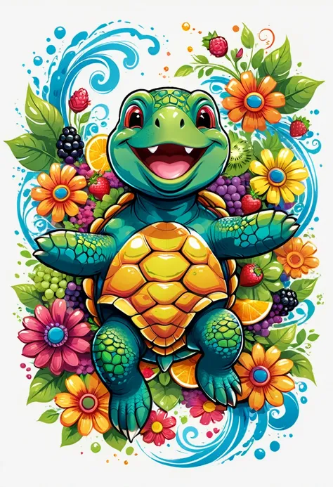  T-shirt designs, vectorial art, colorful illustration of a smiling turtle, At the center, swirly vibrant colors, flowers, fruits, high détail,white backdrop, t shirt design.
(work of art, best qualityer, proffesional, perfect composition, very aesthetic,...