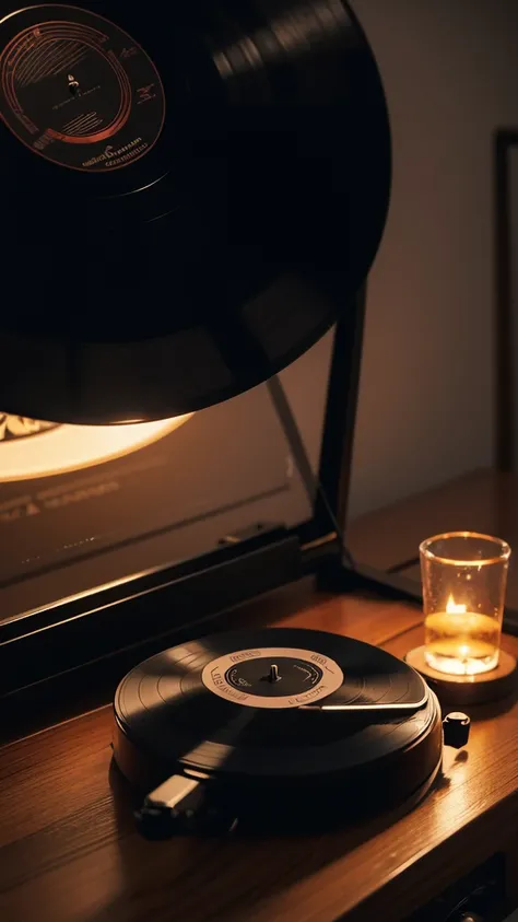 Music is playing, Vinyl record player, night, Sense of atmosphere, Dim Lights