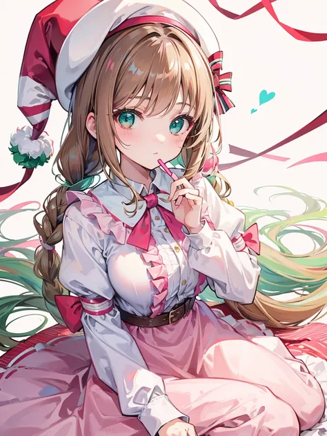 Girl with light brown hair the color of the ocean heterochromia green eyes, a pink beret with white bow on her beret girl wearing clothes wearing a long skirt with braided hair holding a Candy cane sitting in a beautiful pose, 4k quality good texture