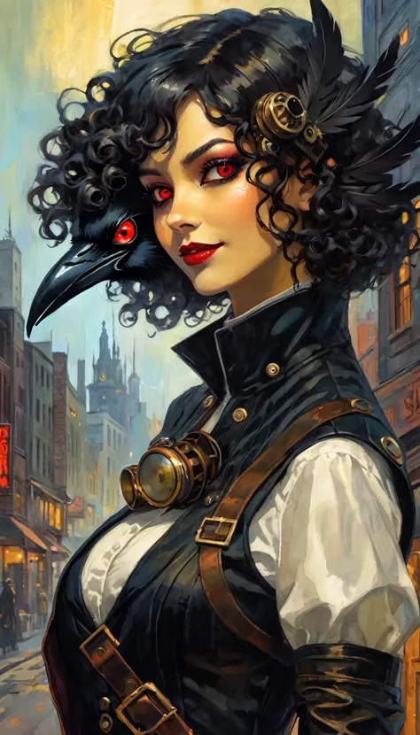 1girl, solo, steampunk outfit, black steampunk clothing, half-revealed crow mask, girl looking at viewer, right hand on crow mask, sinister smile, glowing red eyes, black hair, curly hair, steampunk city background (art inspired by Bill Sienkiewicz). oil p...