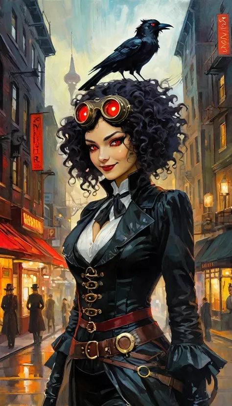 1girl, solo, steampunk outfit, black steampunk clothing, half-revealed crow mask, girl looking at viewer, right hand on crow mask, sinister smile, glowing red eyes, black hair, curly hair, steampunk city background (art inspired by Bill Sienkiewicz). oil p...