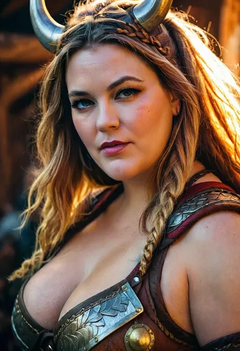 Looks like Drew Barrymore, A stunning intricate full color portrait of (sks woman:1) as (viking warrior), (barbarian), extremely seductive woman, busty outfit, perfect plus size Beauty, Barbarian warrior queen,  fluffy streax hair, styled hair, epic charac...