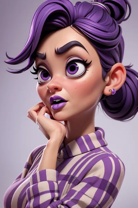 create an 3d illustration, model realistic, exuberant, fear expression, scared hands simulating fear, woman sofisticaded,ponytail purple hair, plaid black and white pulover, luxury, realistic, big eyes, nitid, purple lips, pixar style, stylish, look for th...