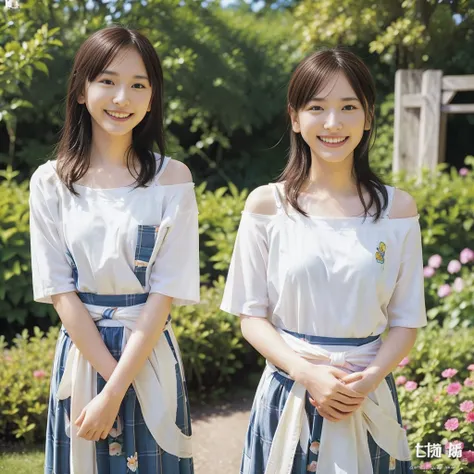 Identical twin sisters、若いgirl, Vibrant and vibrant, Flowers in full bloom々Surrounded by lush gardens. Her eyes sparkle with curiosity and wonder., Reflecting the beauty of the surroundings. Her lips, バラcolorで少し別れて, Revealing tips for a happy smile. girl&#3...