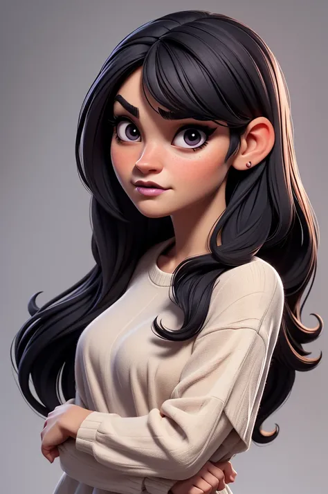 create an 3d illustration, model realistic, exuberant,boredom expression, emo, wearing black long basic sleeve blouse, woman sofisticaded, straight long dark purple hair with bangs, tired out, droopy pupils and dark circles, luxury, realistic, nitid, black...