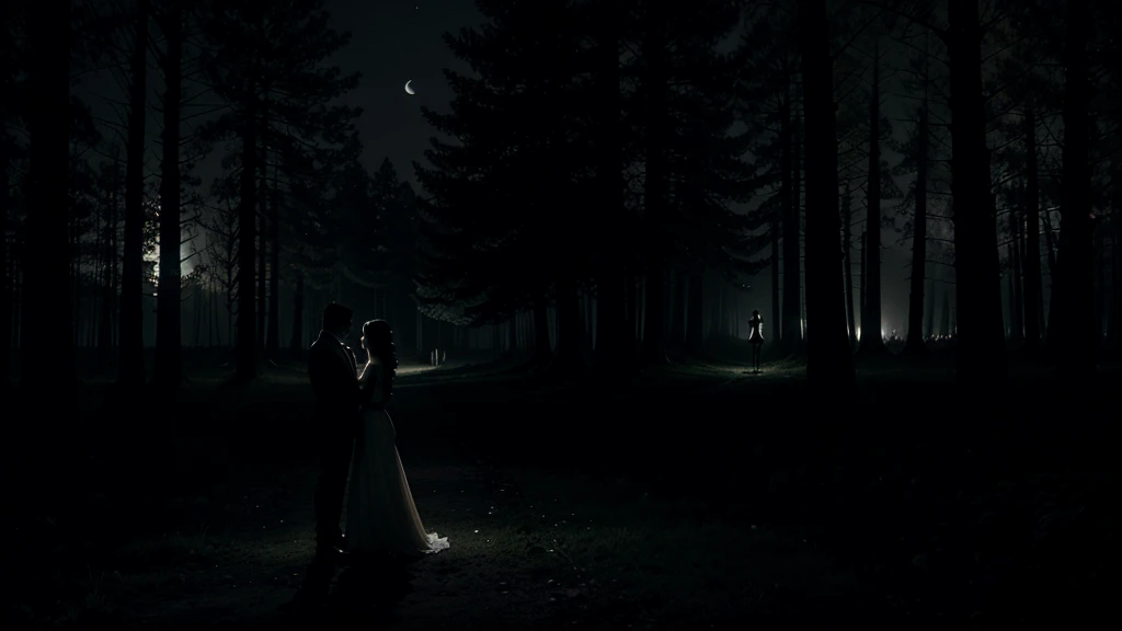 Create a night scene where two silhouettes wander through a dark, shadowy forest. The moonlight filters through the trees, casting eerie shadows on the ground. In the background, faint echoes of laughter can be seen as ghostly figures. The atmosphere shoul...