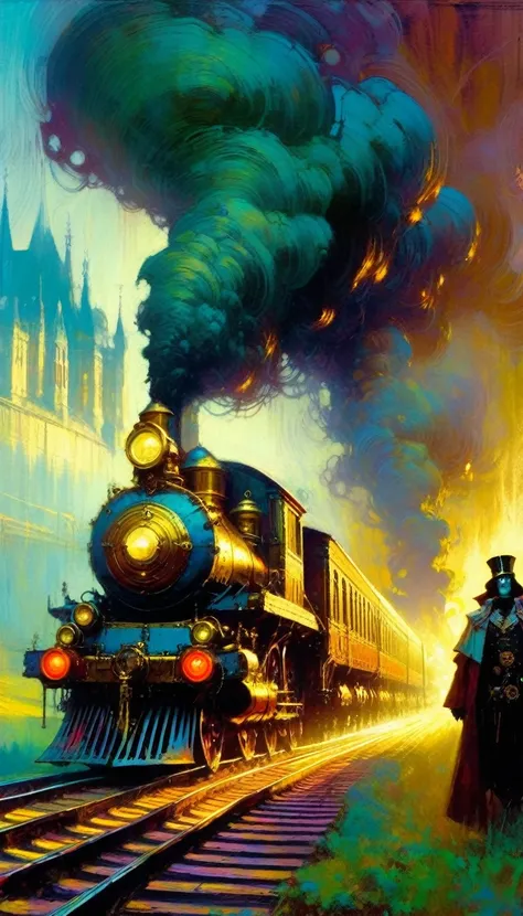 steampunk, scenery, fantasy, medieval, train, aircraft, (art inspired by Bill Sienkiewicz). oil painting)