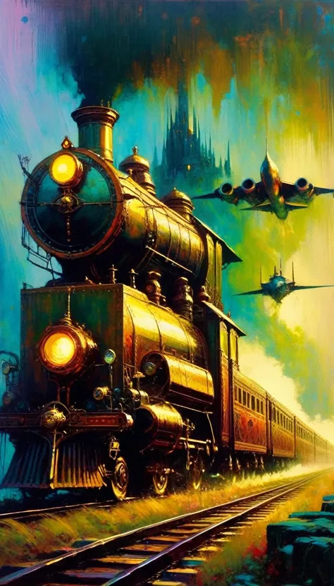 steampunk, scenery, fantasy, medieval, train, aircraft, (art inspired by Bill Sienkiewicz). oil painting)