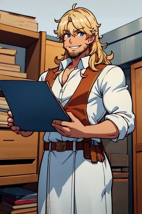 Perfect face. Perfect hands. A blonde muscular haired cowboy with blue eyes and a dark beard and long hair in a sheriffs outfit is exploring a mine with a big smile 