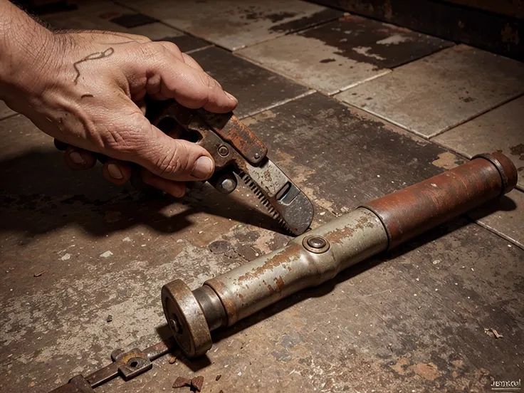 A rust-covered monkey wrench lies forgotten, its surface grimy and worn from years of hard use. In a stunning photograph, every crack and speck of dirt is captured in exquisite detail, showcasing the tools rugged appearance. Despite its age and neglect, th...