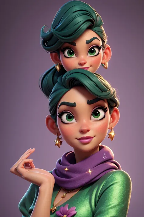 create an 3d illustration, model realistic, exuberant, woman sofisticaded, luxury, realistic, scarf purple in neck, nitid, pixar style, big eyelash, stylish, snobbish face, arched eyebrow, green glitter dress, using burgundy lipstick, straight short dark g...