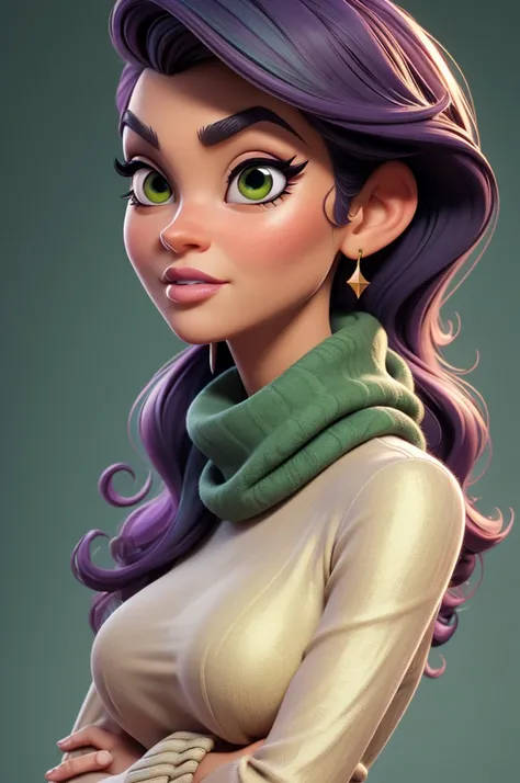 create an 3d illustration, model realistic, exuberant, woman sofisticaded, luxury, realistic, scarf purple in neck, nitid, pixar style, big eyelash, stylish, snobbish face, arched eyebrow, green glitter dress, using burgundy lipstick, straight short dark g...