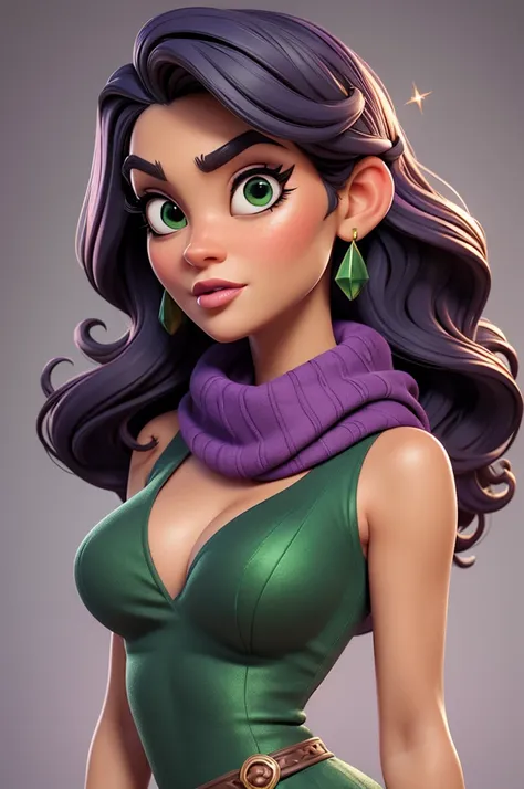 create an 3d illustration, model realistic, exuberant, woman sofisticaded, luxury, realistic, scarf purple in neck, nitid, pixar style, big eyelash, stylish, snobbish face, arched eyebrow, green glitter dress, using burgundy lipstick, straight short dark g...