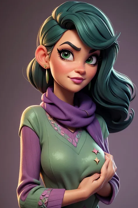 create an 3d illustration, model realistic, exuberant, woman sofisticaded, luxury, realistic, scarf purple in neck, nitid, pixar style, big eyelash, stylish, snobbish face, arched eyebrow, green glitter dress, using burgundy lipstick, straight short dark g...