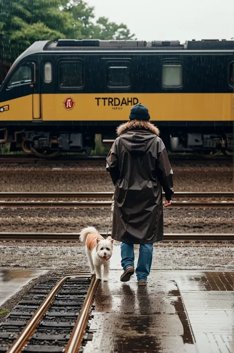 A small, fluffy dog is walking down train tracks as a train passes by behind it. The dog appears to be happy and enjoying its time outdoors in the rain.