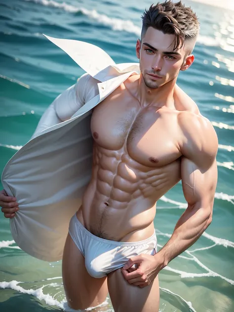 A 27-year-old handsome man stands at 59" with a slim yet muscular and athletic build, his stylish grey buzzcut hair, his grey iris gleaming in the warm light. He is shirtless, wearing fitted short sheer white speedo shows a subtle pattern with well defined...