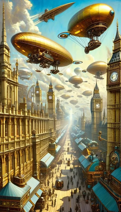 (steampunk, steampunk city landscape:1.2),steam, steam engines, boilers, pipes,clockwork, gogs, gears, (The Great Bell, Big Ben, London_eye, sky voyage, London), fantasy, alien_planet, OL_type1, dirigibles and airships float above cities, decorated with br...