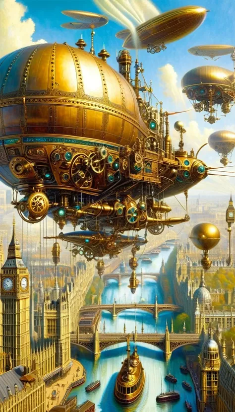 (steampunk, steampunk city landscape:1.2),steam, steam engines, boilers, pipes,clockwork, gogs, gears, (The Great Bell, Big Ben, London_eye, sky voyage, London), fantasy, alien_planet, OL_type1, dirigibles and airships float above cities, decorated with br...