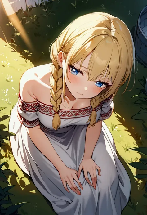 1 girl with long blonde hair, hair braided into two braids, Blue eyes, tired face,medium breasts, white Slavic dress, view from above, Morning lighting, Is on my knees, near the village garden