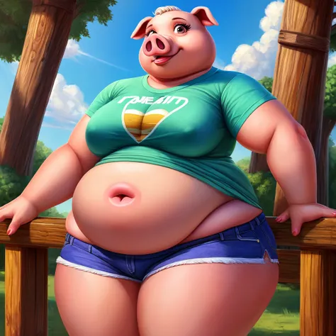 ((Best quality)), ((masterpiece)), (detailed), pig, pig girl, furry pig, big body, большой body, costs, smooth belly, shorts, серые shorts, T-shirt