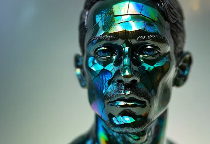 head-to-toe body view,  SCULPTURE in shiny labradorite gemstone of a man with his entire body visible , iridescent appearance. break,  realisitic, ((photorealisitic)), extremely detailded, glass reflection, dark shadows, hard light hard shadows, Shallow de...