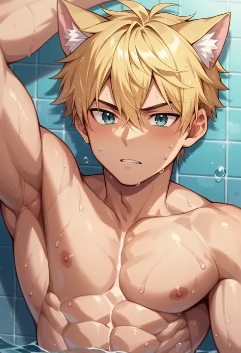 aether, blonde hair, young boy, cat ears, chiseled abs, chiseled pecs, sweating, wet