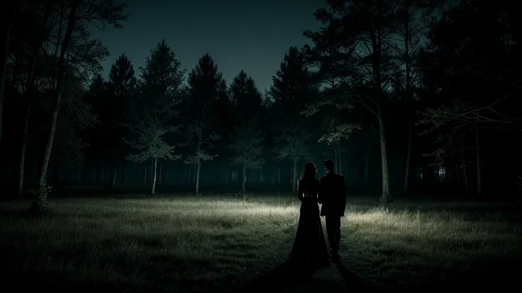 Create a night scene where two silhouettes wander through a dark, shadowy forest. The moonlight filters through the trees, casting eerie shadows on the ground. In the background, faint echoes of laughter can be seen as ghostly figures. The atmosphere shoul...