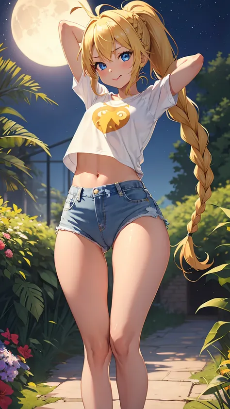 1girl, anime girl, anime, (tanned skin), 2d girl, 16y, (fullbody), standing, anime girl, blue eyes, licking lips, (ahoge, long hair, braid single ponytail, blonde hair), ruffled t-shirt, Solo, Slim, flat chest, Tight Shorts, low waist shorts, upshorts, The...