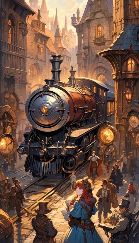 steampunk, scenery, fantasy, medieval, train, aircraft, (art inspired by Bill Sienkiewicz). oil painting)
