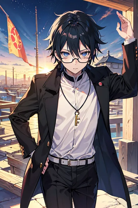 anime - style image of a man wearing a black coat and glasses, tall anime boy with dark blue eyes, okata kazuto, inspired by Yamagata Hiro, anime art style Moe, inspired by Sasuke Uchiha, key anime art, long black haired magician, man, inspired by Nagato U...