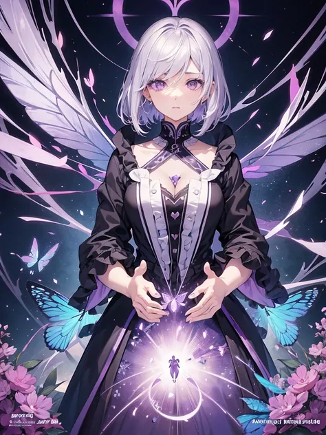 A detailed anime girl with short white hair and purple-gray eyes, distracted,  holding a butterfly, anime wallpaper, high quality anime art style, anime character, HD anime wallpaper, anime key art, beautiful anime art, clean and detailed anime character a...