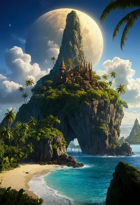 Mysterious Island, Mysterious atmosphere, exaggerate lighting, by Arthur Adams, no_human, cinematic still, (best quality, masterpiece), very aesthetic, perfect composition, intricate details, ultra-detailed, vivid colors