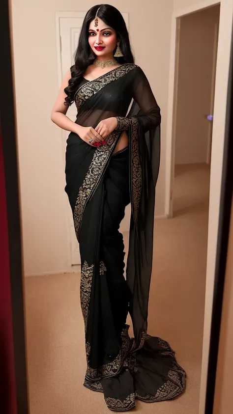 A beautiful girl whose age is 29 years, who is very beautiful to look at, is wearing a black colored saree, has applied red colored lipstick on her cheeks. She is standing in front of her husband in her bedroom, all dressed up, her body is very beautiful a...