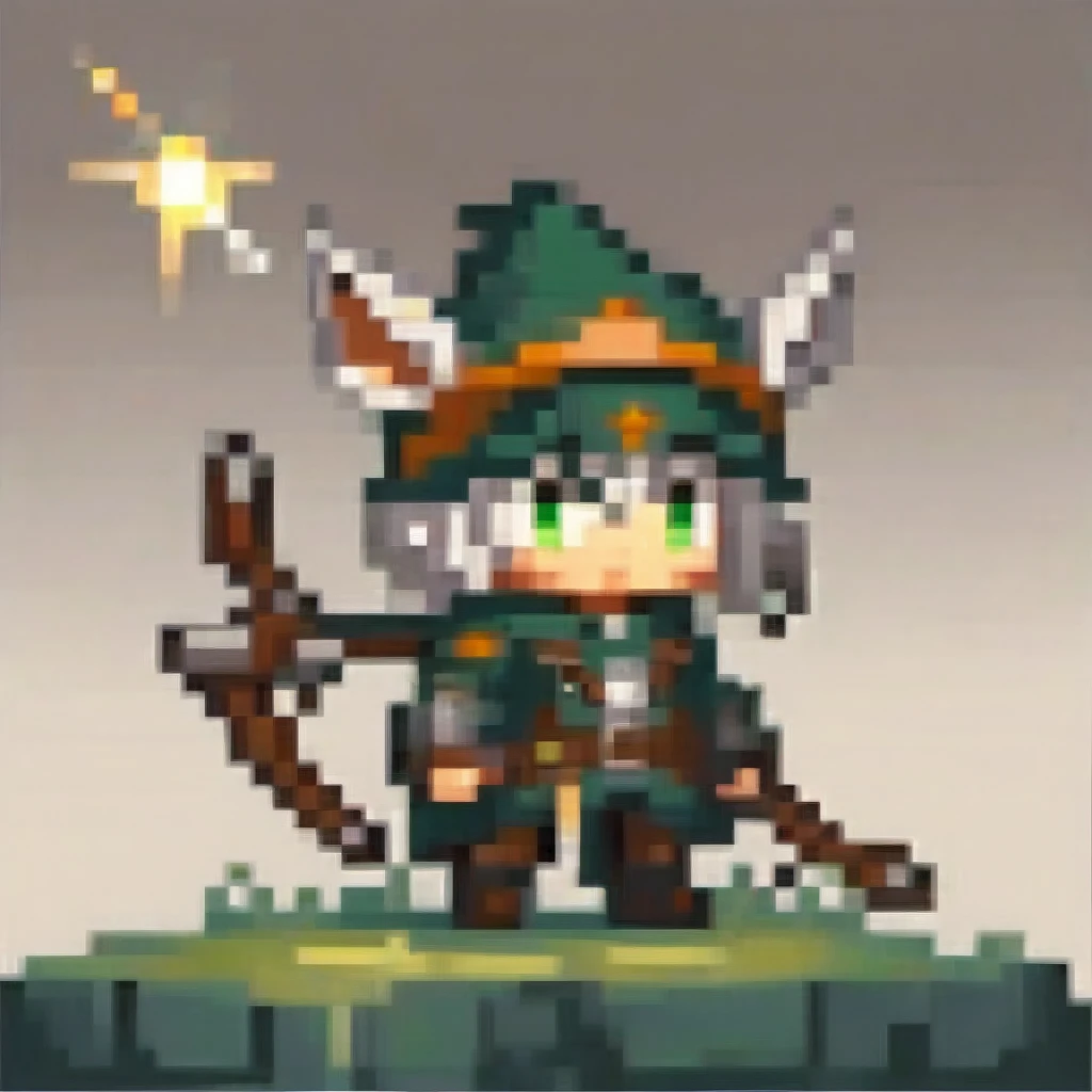 a chibi male character in dark green and brown hunter attire from a wilderness fantasy, holding a glowing crossbow. he has wolf ...