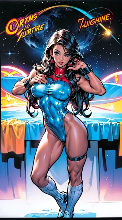 Rita Faltoyano wearing a modern swinsuit cyberpunk with red laces, while flying through space on a surfboard. (((full body))) in comic book panel, full body, bold lineart illustration comic, seductive blue eyes, parted lips, perfect body, curvy, fitness, n...