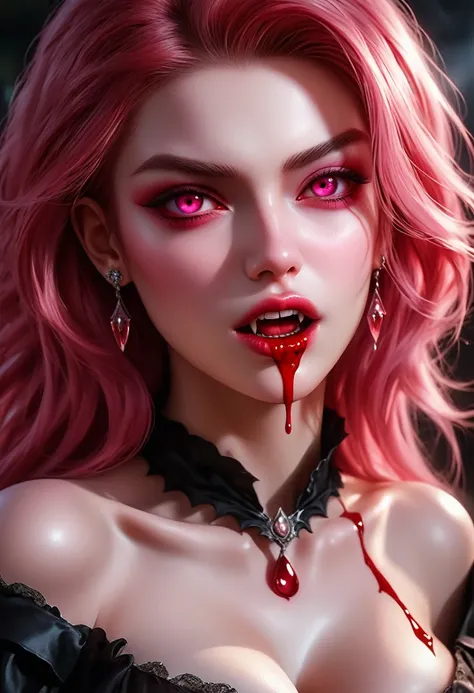 aa portrait of vampire with a bloody tear coming down from he eye, an exotic beautiful female vampire, pink hair color, dynamic hair style, ultra detailed face, best detailed face, silver eye color, ((1single red teardrop, teardrop made of blood coming dow...