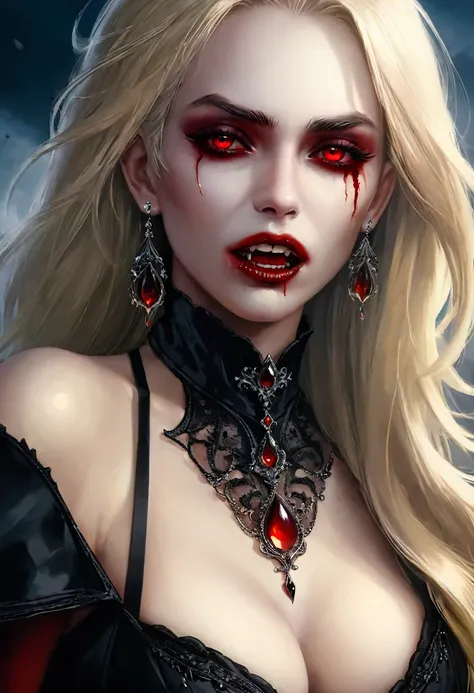 a portrait of vampire with a bloody tear coming down from the eye, dark fantasy art, goth art. an exotic beautiful female vampire, blond hair color, dynamic hair style, ultra detailed face, best detailed face, silver eye color, ((1single red teardrop, tear...