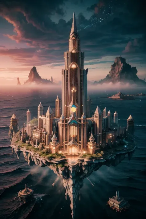 A mystical mysterious island city the ocean, floating island city Bioshock, Rapture, mist surrounding the island building, mysterious atmosphere,floating island in the ocean, mystical, fantasy, digital art, intricate details, 8k, photorealistic, hyperreali...