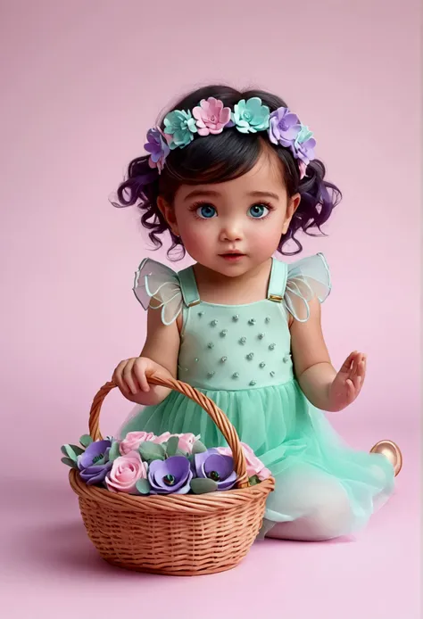 illustration of a baby girl in 3D Pixar style Disney, extavagant, headband flowers, olive skin, blue eyes, ombre hair, long hair, basket of flowers in hands, lovely pose, black eyes, wearing a fairy outfit pastel colors glitter, mint green, pink, and soft ...