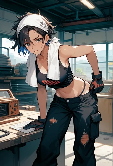 masterpiece, best quality, mature woman, messy hair, black hair, brunette gradient hair color, hot face, (tomboy face), tan skin, mature body, fit body, medium breasts, mechanic gloves, (dirty tank top), stained tank top, midriff, white bandana, mechanic p...