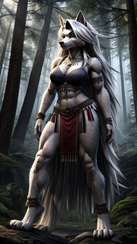 Loona from Helluva Boss, female werewolf, anthro, white long messy hair, grey eyes, tall, muscular, massive female, simple tribal warrior outfit, forest, standing, cold serious, detailed, solo, beautiful, high quality, 4K