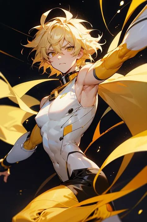 1male , Blonde Hair ,Muscular, Golden Eyes , Adult Male , Sleeveless White Bodysuit , Yellow Haori Worn Over , Baggy Black Pants , Serious Expression , Messy Styled Hair, space background