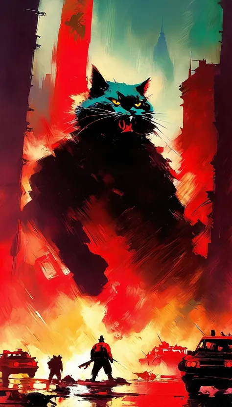 a giant communist cat destroys a city (art inspired in Bill Sienkiewicz). oil painting)
