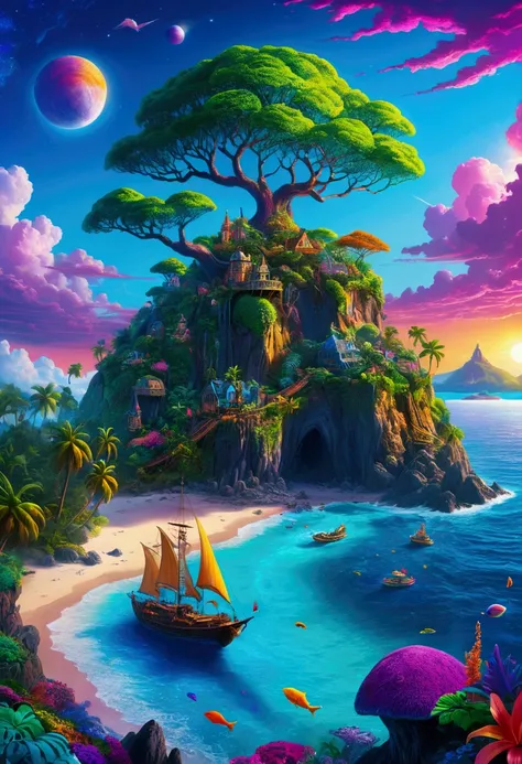 Mysterious Island, Mysterious atmosphere, by Lisa_Frank, cinematic still, (best quality, masterpiece), very aesthetic, perfect composition, intricate details, ultra-detailed, vivid colors