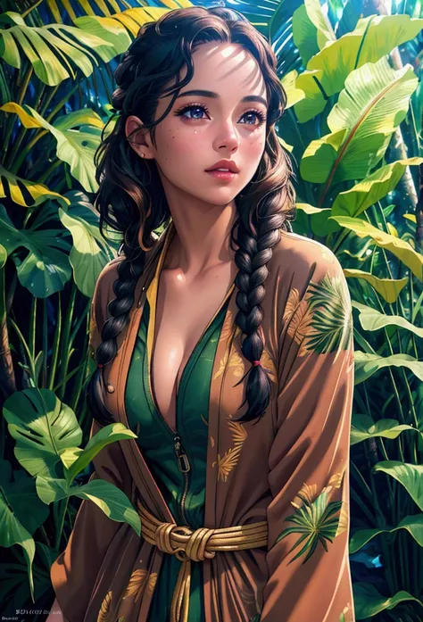 a young female explorer on a tropical island, detailed portrait, beautiful detailed eyes, beautiful detailed lips, extremely detailed face, long eyelashes, adventurous expression, hiking gear, tropical foliage background, golden hour lighting, cinematic co...