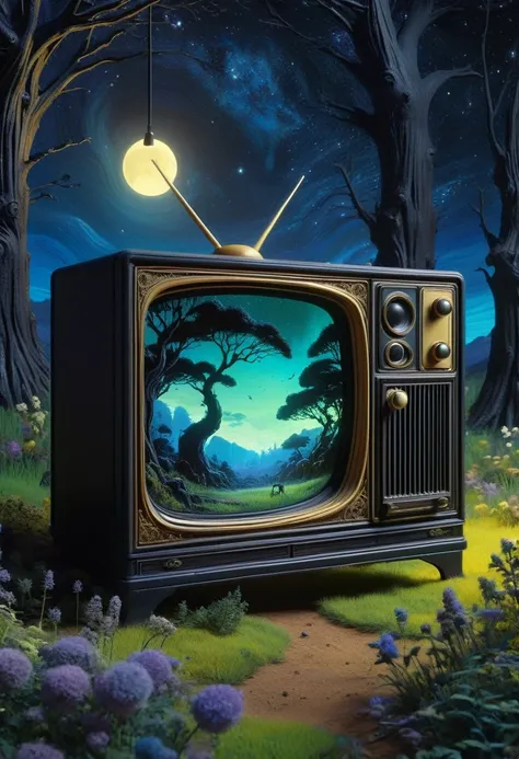 art numerique, de nuit  television cathodique sur un meuble poser dans un champs baucoup de detaille 4k  ghibli style