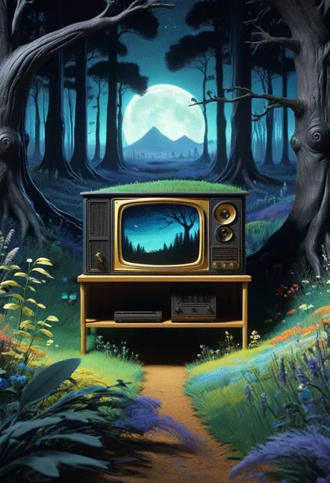 art numerique, de nuit  television cathodique sur un meuble poser dans un champs baucoup de detaille 4k  ghibli style