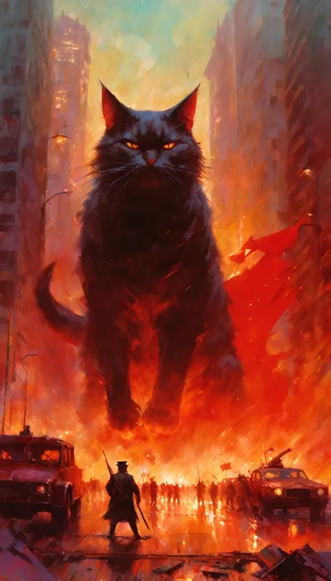 a giant communist cat destroys a city (art inspired in Bill Sienkiewicz). oil painting)
