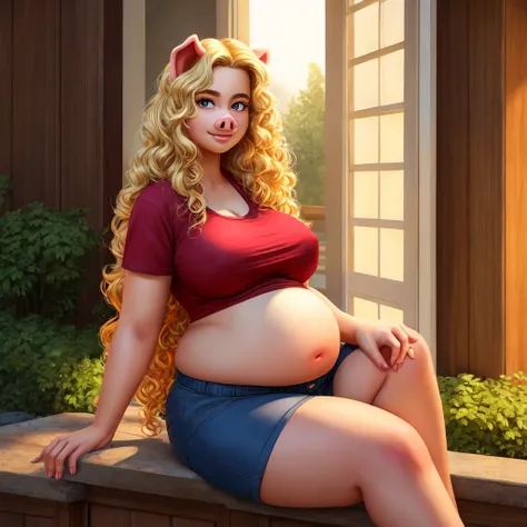 ((Best quality)), ((masterpiece)), (detailed), pig, pig girl, furry pig, big body, большой body, is sitting, smooth belly, shorts, серые shorts, T-shirt, View from afar, long hair, blonde hair, Beautiful face, skinny face, Age 35, voluminous hair , curly h...