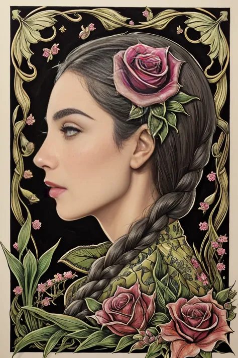 a side view portrait, profile view with translucend skull and visible brain, a classic illustration of a brain seemingly blooming with vines and flowers by (tim burton:1.002) , rich detail, floral brain, vegetation, leave and blossoms, anatomy, vibrant, ac...